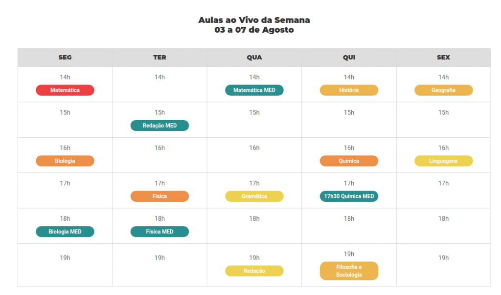 calendário de aulas ao vivo do me salva