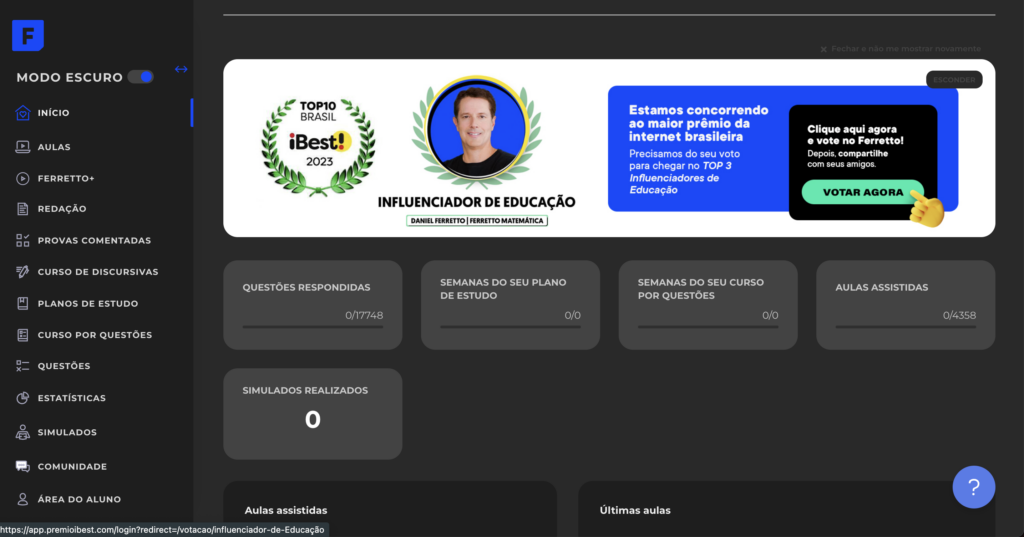 plataforma ferreto modo escuro