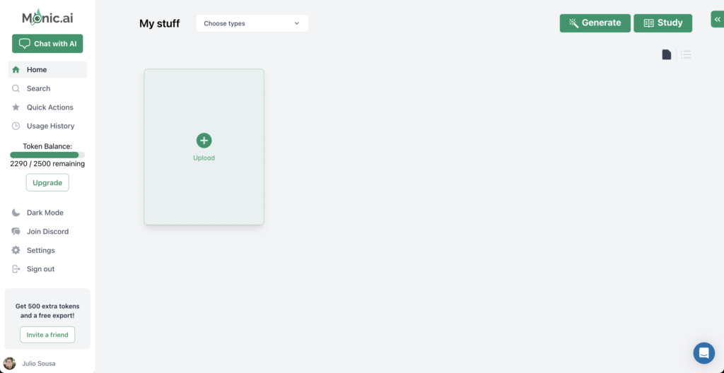 Dashboard - Monic.AI, Ferramenta gratuita de otimização de estudos com Inteligência Artificial
