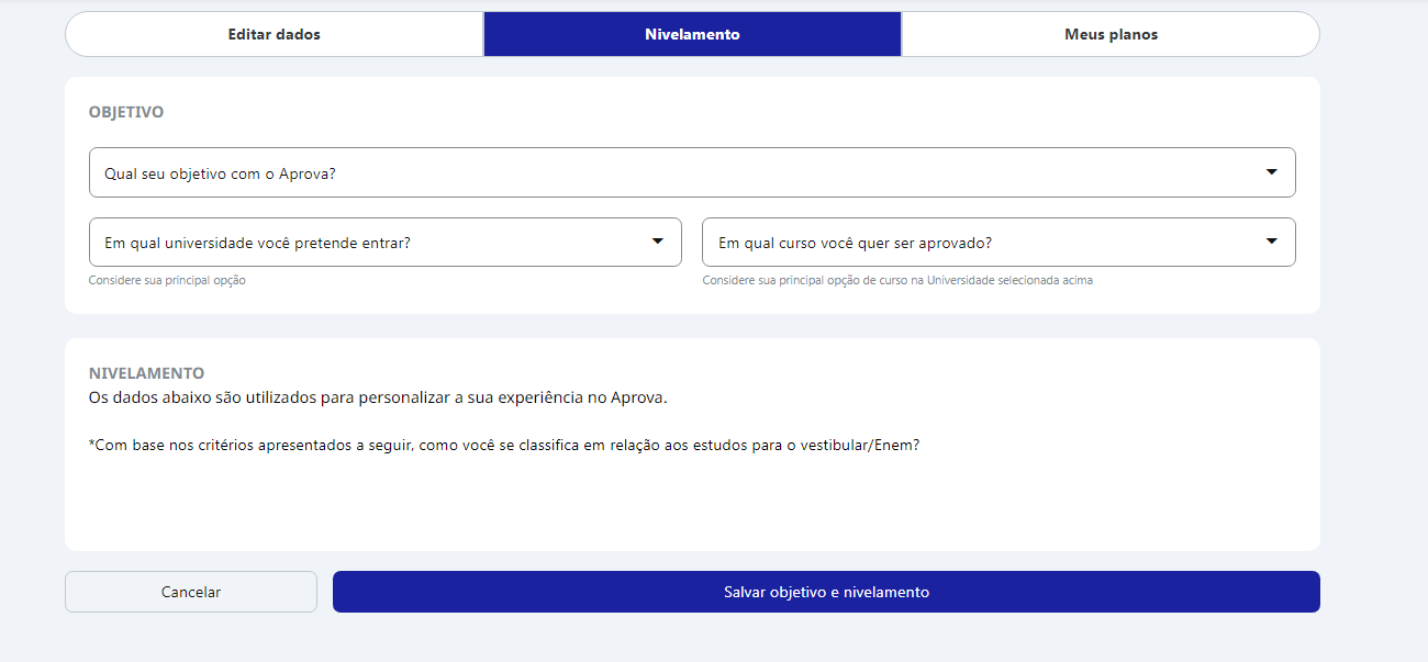 Página de nivelamento Aprova Total