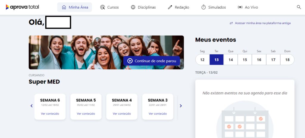 Interface de boas-vindas para quem está na primeira turma do curso Super MED