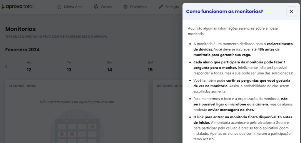 Explicação sobre como funcionam as monitorias no Aprova Total