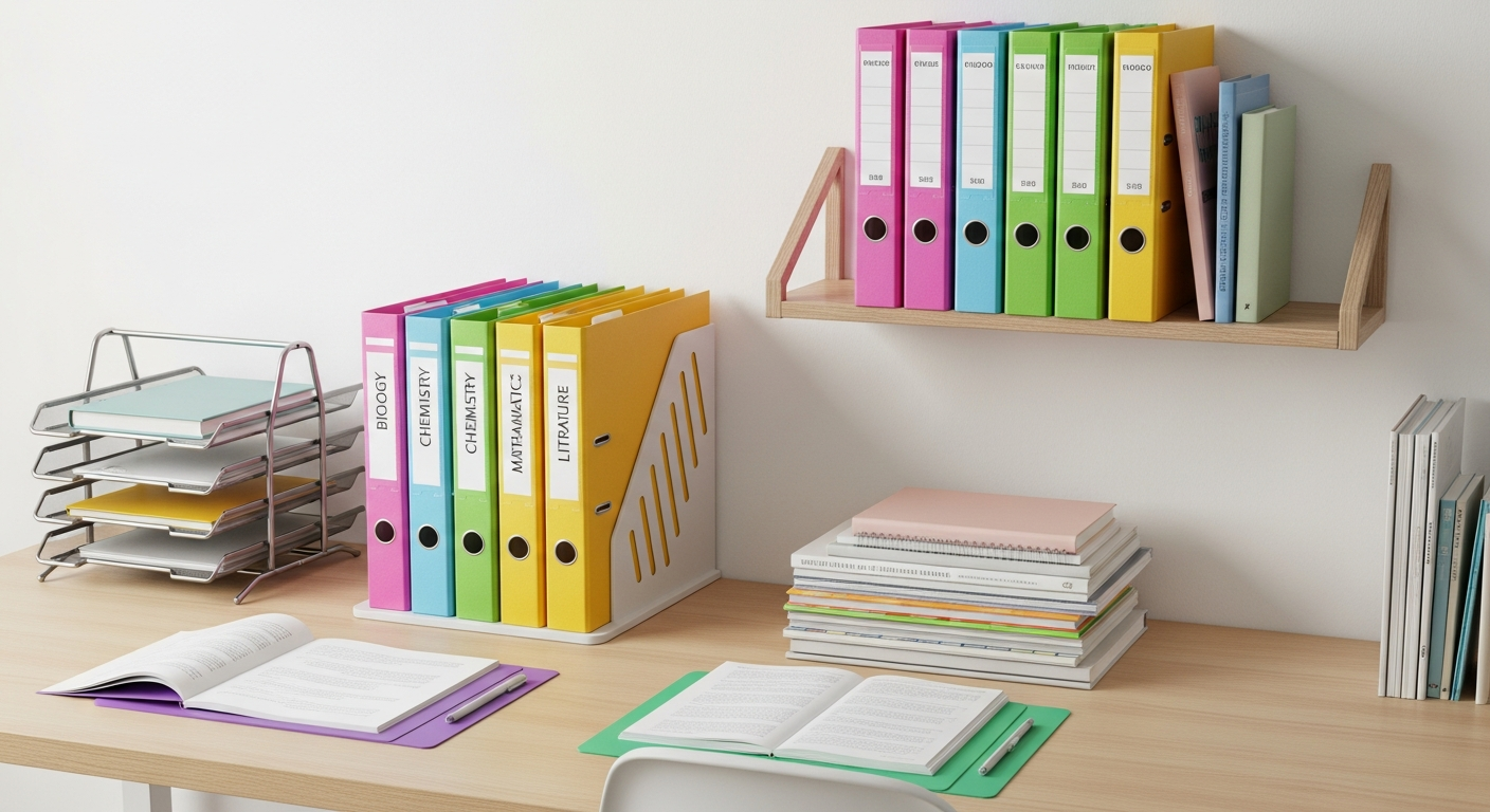 Sistema de pastas coloridas para organização de materiais