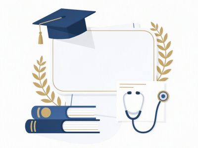 Ilustração sobre Prouni 2026 com elementos acadêmicos e de Medicina, sem texto.