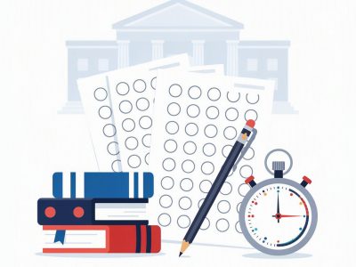 Ilustração sobre simulado da Fuvest com folhas de resposta, lápis, livros e cronômetro, sem texto