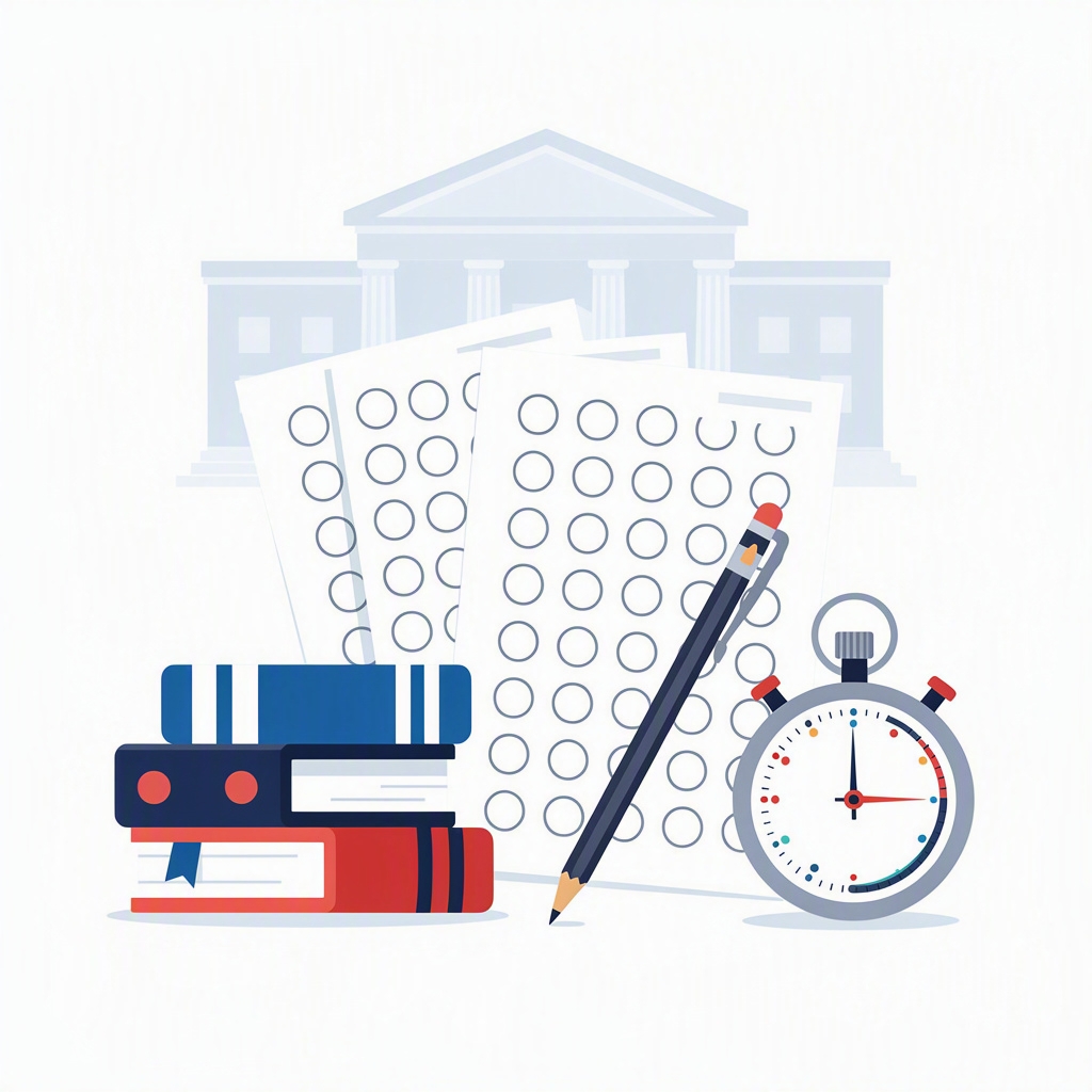 Ilustração sobre simulado da Fuvest com folhas de resposta, lápis, livros e cronômetro, sem texto