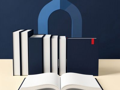 Livros sem inscrições e arco azul em ilustração sobre acesso ao ensino superior