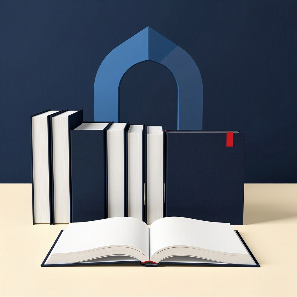 Livros sem inscrições e arco azul em ilustração sobre acesso ao ensino superior