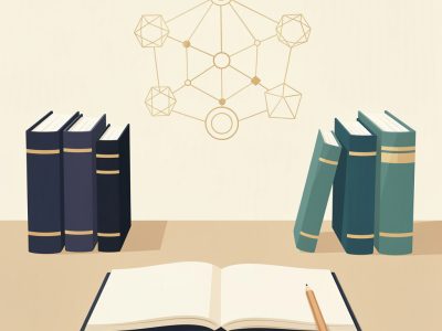 Livros e caderno sem inscrições com formas conectadas simbolizando apoio à aprendizagem