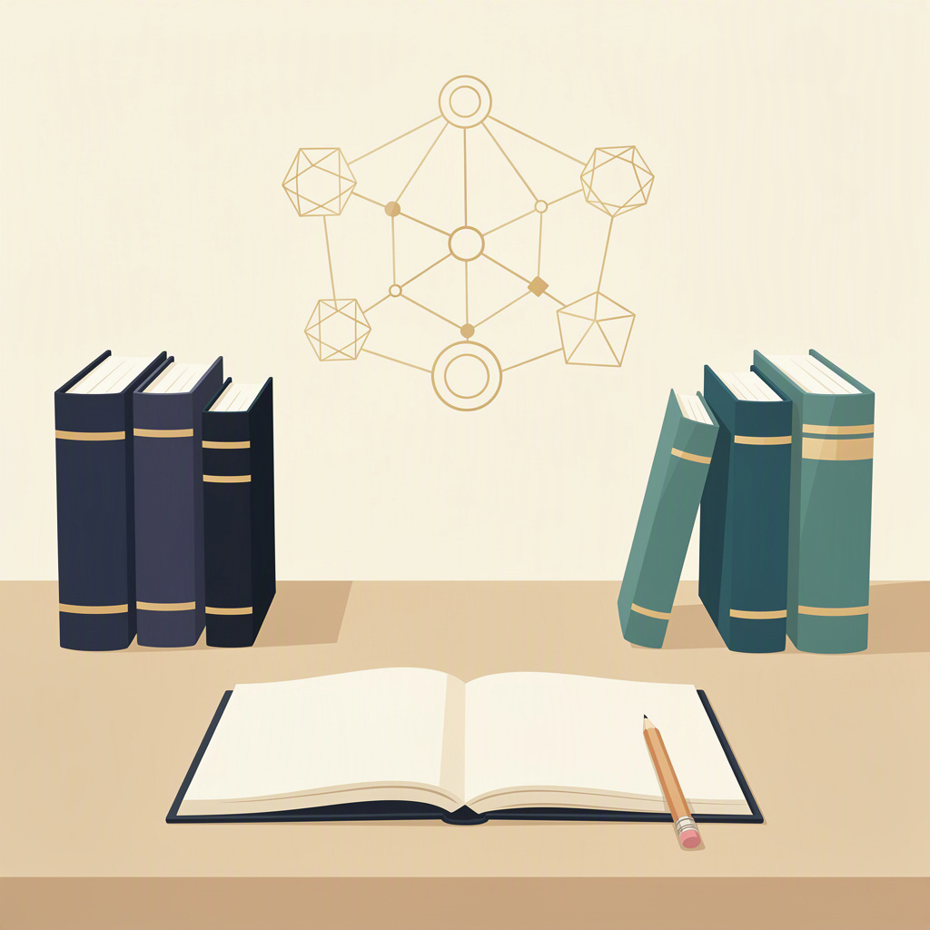 Livros e caderno sem inscrições com formas conectadas simbolizando apoio à aprendizagem