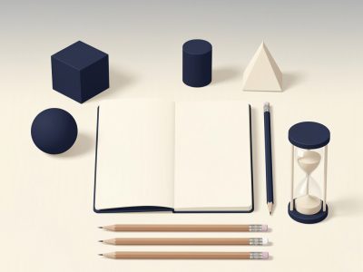 Caderno em branco, lápis e ampulheta representando preparação para o Enem