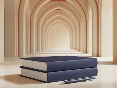 Ilustração de livros sem inscrições e caneta diante de arcos arquitetônicos